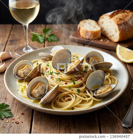 Freshly made vongole biango filled with large clams for a sizzling experience Freshly made vongole biango filled with large clams for a sizzling experience 136940487