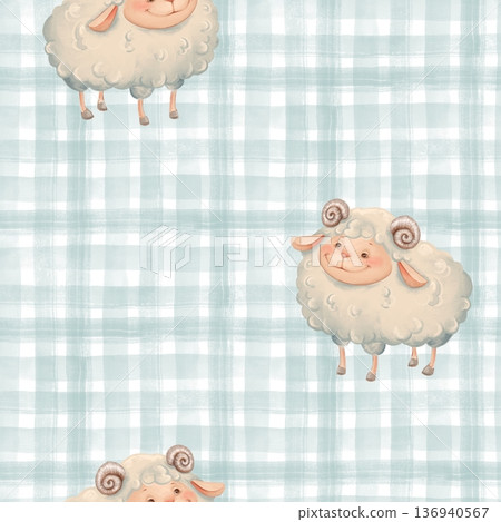 Cute sheep seamless pattern on light blue gingham check background 136940567