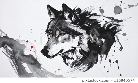 Ink painting wolf face illustration background 136940574