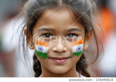 Young indian girl celebrating with painted flag on face 136940628