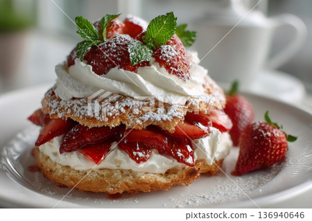 Delicious strawberry shortcake garnished with whipped cream and mint 136940646