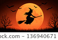 Witch flying on broom with bats and big moon in background 136940671