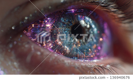 A close-up of a human cyborg eye with a built-in video camera 136940676