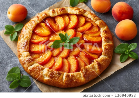Delicious homemade apricot galette decorated with mint leaves on baking paper 136940958