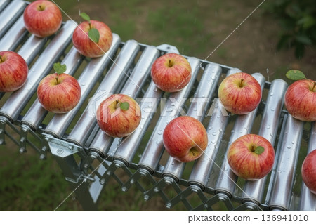 Fresh red apples transporting on metal roller conveyor belt with water drops during harvest season 136941010