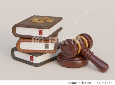 3D illustration of a stack of law books with a wooden gavel symbolizing legal education and judicial authority 3D illustration of a stack of law books with a wooden gavel symbolizing legal education and judicial authority 136941462