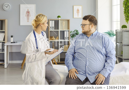 Medical consultation with doctor discussing obesity risks and treatment options Medical consultation with doctor discussing obesity risks and treatment options 136941599