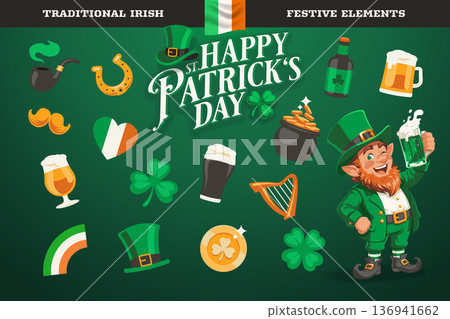 Vector set of traditional St. Patrick's Day symbols and flat graphic style elements for holiday celebration design projects. 136941662