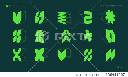 Modern 3D isometric vector shapes collection, futuristic abstract symbols and graphic design elements. 136941667