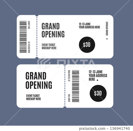 Realistic Detailed 3d Grand Opening Event Entry Tickets Template Mockup Set. Vector 136941740