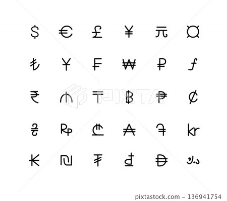 Different Types Currency Sign Black Thin Line Icon Set. Vector 136941754