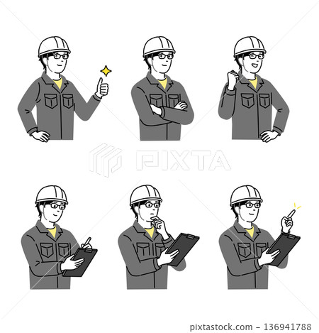 Young construction worker pose set, male in helmet and work clothes, site check, pointing explanation, safety management illustration Young construction worker pose set, male in helmet and work clothes, site check, pointing explanation, safety management illustration 136941788