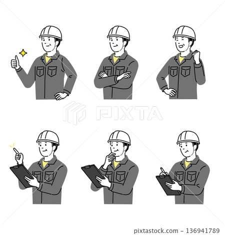 Middle construction worker pose set, male in helmet and work clothes, site check, pointing explanation, safety management illustration 136941789