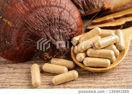 Lingzhi or Reishi mushroom with capsules, organic natural healthy food. 136941989