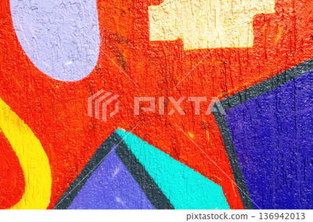 Colorful Urban Graffiti Mural with Abstract Shapes in Red, Yellow, Purple, Blue for 90s, Y2K Street Style Colorful Urban Graffiti Mural with Abstract Shapes in Red, Yellow, Purple, Blue for 90s, Y2K Street Style 136942013