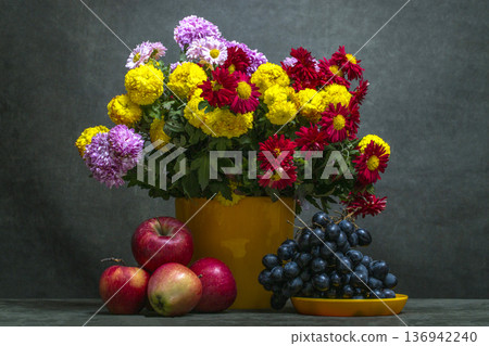Still life with a bouquet of chrysanthemums, grapes, and apples Still life with a bouquet of chrysanthemums, grapes, and apples 136942240