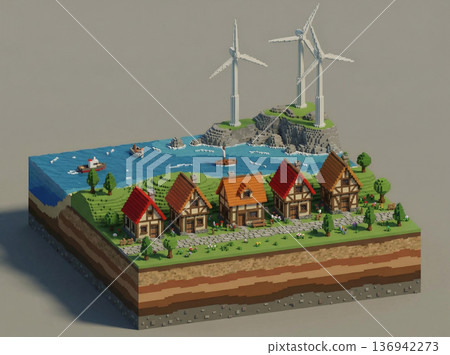 用體素藝術描繪了一個可持續發展的村莊，風能與自然和諧共存。 136942273