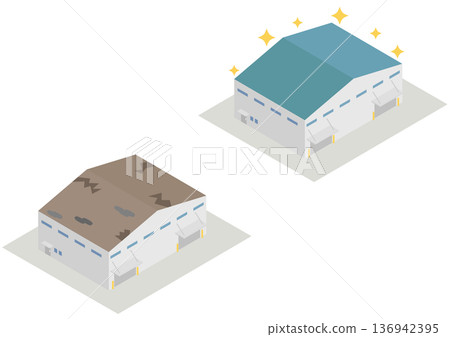 等距視圖展示了工廠和倉庫建築屋頂維修前後的材料比較。 136942395