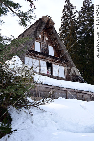 雪覆蓋著愛之倉合掌造風格村莊的房屋 雪覆蓋著愛之倉合掌造風格村莊的房屋 136942421