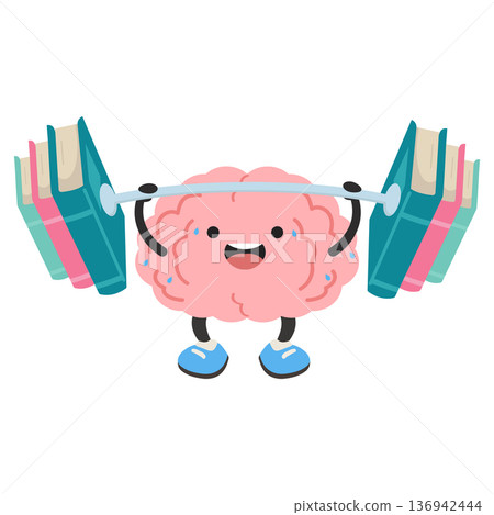 Cartoon Brain Lifting Weights With Books 136942444