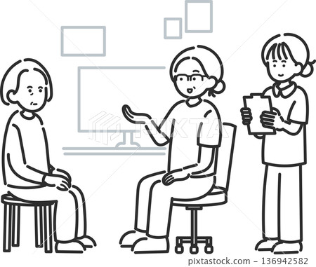 醫生、護士和三名女病人正在接受體檢的插圖（僅線條畫） 136942582