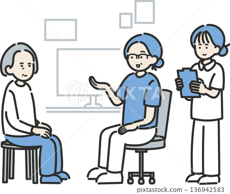 Illustration of a medical examination: Doctor, nurse, and three female patients 136942583