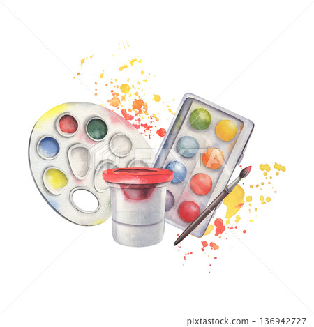 Paint box, paints, non-spill water cup, palette, brush, splashes. Hand-painted watercolor illustration isolated on white for art supplies design, creative branding, education materials, hobby projects 136942727