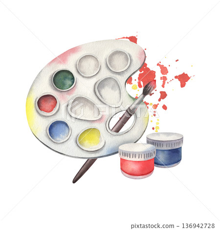 Paint palette, brush, splashes, jars with red and blue paint. Hand-painted watercolor illustration isolated on white for art branding, creative studios, workshops, packaging, posters, design projects Paint palette, brush, splashes, jars with red and blue paint. Hand-painted watercolor illustration isolated on white for art branding, creative studios, workshops, packaging, posters, design projects 136942728
