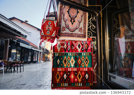 Traditional Patterned Carpet Displayed Outside Old Town Shop Traditional Patterned Carpet Displayed Outside Old Town Shop 136943172