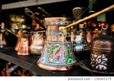 Traditional Copper Coffee Pots Displayed on Market Shelf Traditional Copper Coffee Pots Displayed on Market Shelf 136943173
