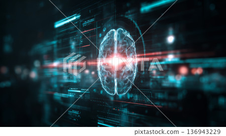 Artificial intelligence digital brain neural network data technology innovation cyber futuristic glowing brain with data interface, artificial Artificial intelligence digital brain neural network data technology innovation cyber futuristic glowing brain with data interface, artificial 136943229