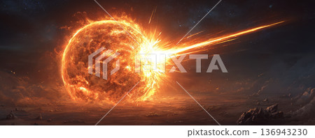 Fiery planet impact cosmic explosion burning meteor apocalyptic sky alien landscape glowing fire space night dramatic energy 136943230
