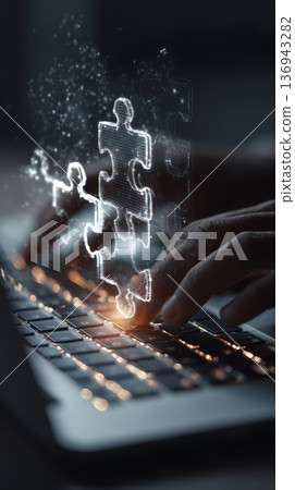 Technology puzzle innovation digital solution keyboard business strategy Futuristic digital puzzle solution over keyboard symbolizes innovation 136943282
