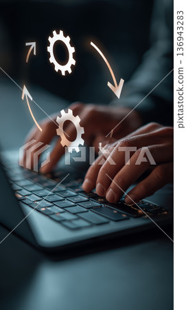 Automation workflow technology business computer software innovation optimization hand keyboard modern automation workflow technology for business Automation workflow technology business computer software innovation optimization hand keyboard modern automation workflow technology for business 136943283