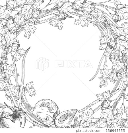 Square frame of the green onion, tomatoes, parsley and black pepper. For packaging design, cards, cover, prints, product labels and fabric. 136943355
