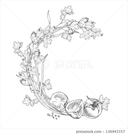 Wreath of the green onion, tomatoes cherry, parsley and black pepper. For packaging design, cards, cover, prints, product labels and fabric. Wreath of the green onion, tomatoes cherry, parsley and black pepper. For packaging design, cards, cover, prints, product labels and fabric. 136943357