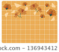 Orange Marigold Floral Frame on Grid Background 136943412