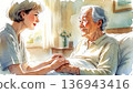 水彩插畫，描繪了一位護理人員將手放在一位老人的手上。 136943416