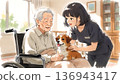 水彩插畫，描繪了一位護理員、一位老人和一隻狗。 136943417