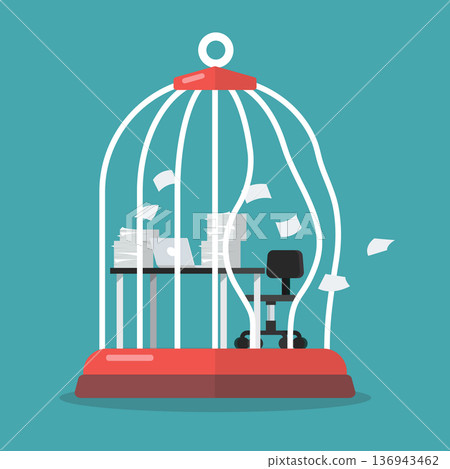 Broken prison with damaged steel bars. 136943462