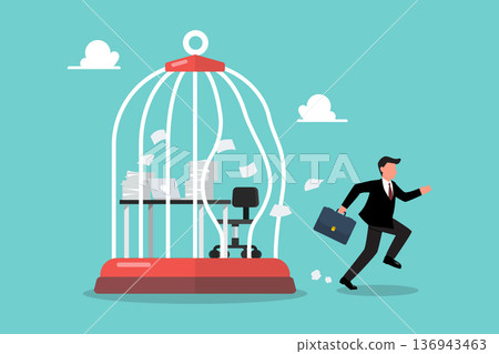 Businessman break free from toxic working desk bird cage. Businessman break free from toxic working desk bird cage. 136943463