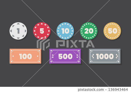 Coin and banknote minimal style symbol set. Coin and banknote minimal style symbol set. 136943464