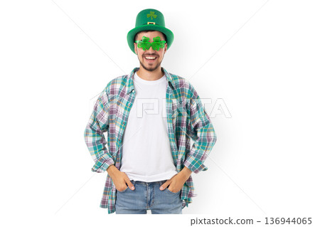 Man in festive attire celebrates St Patrick's Day, isolated, PNG Man in festive attire celebrates St Patrick's Day, isolated, PNG 136944065