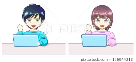 Anime-style illustration of a boy and girl working on a computer or taking online classes, white background 136944318