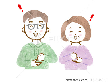 插圖描繪了一位老年男性和一位老年女性，他們的表情和姿勢彷彿在說「我搞定了！」（上半身） 136944358