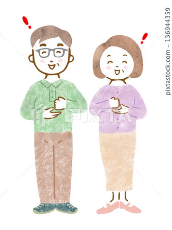 插圖描繪了一位老年男性和一位老年女性，他們的表情和姿勢彷彿在說“我明白了！” 136944359