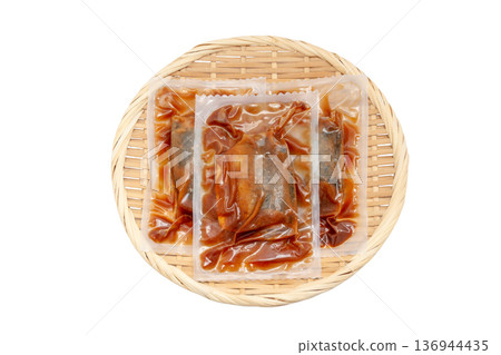 Frozen food, vacuum-packed mackerel simmered in miso [white background, cutout] 136944435