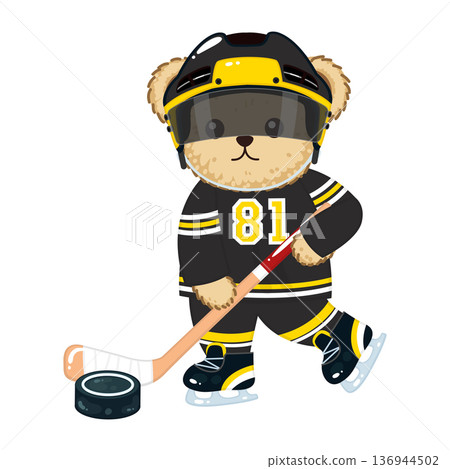 Kawaii bear character playing ice hockey 136944502