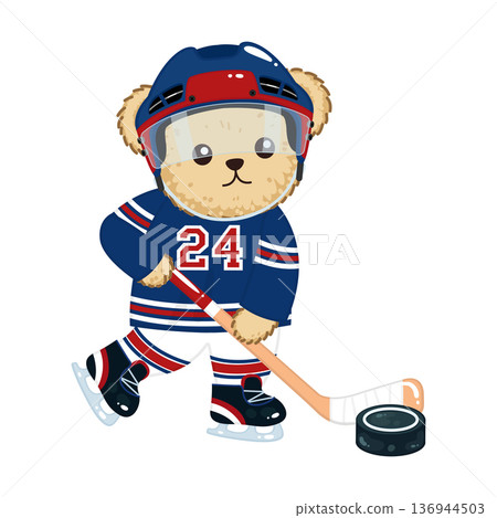 Cute teddy bear playing ice hockey sports 136944503