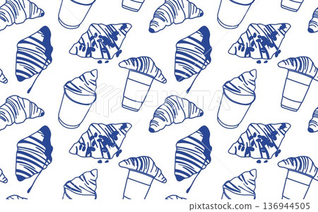 Blue line art seamless pattern with croissants and coffee cups. Outline sketch texture Blue line art seamless pattern with croissants and coffee cups. Outline sketch texture 136944505